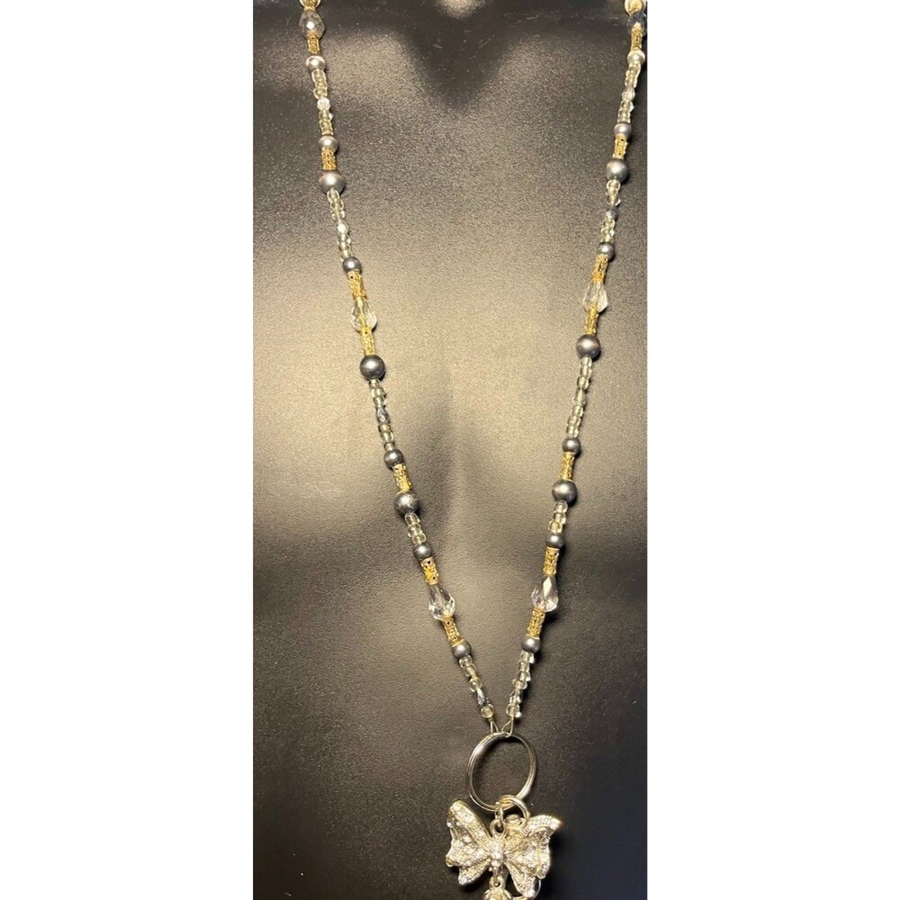 Beaded Lanyard ID Badge Holder Pewter Beads Butterfly Charm Chain Approx 32"